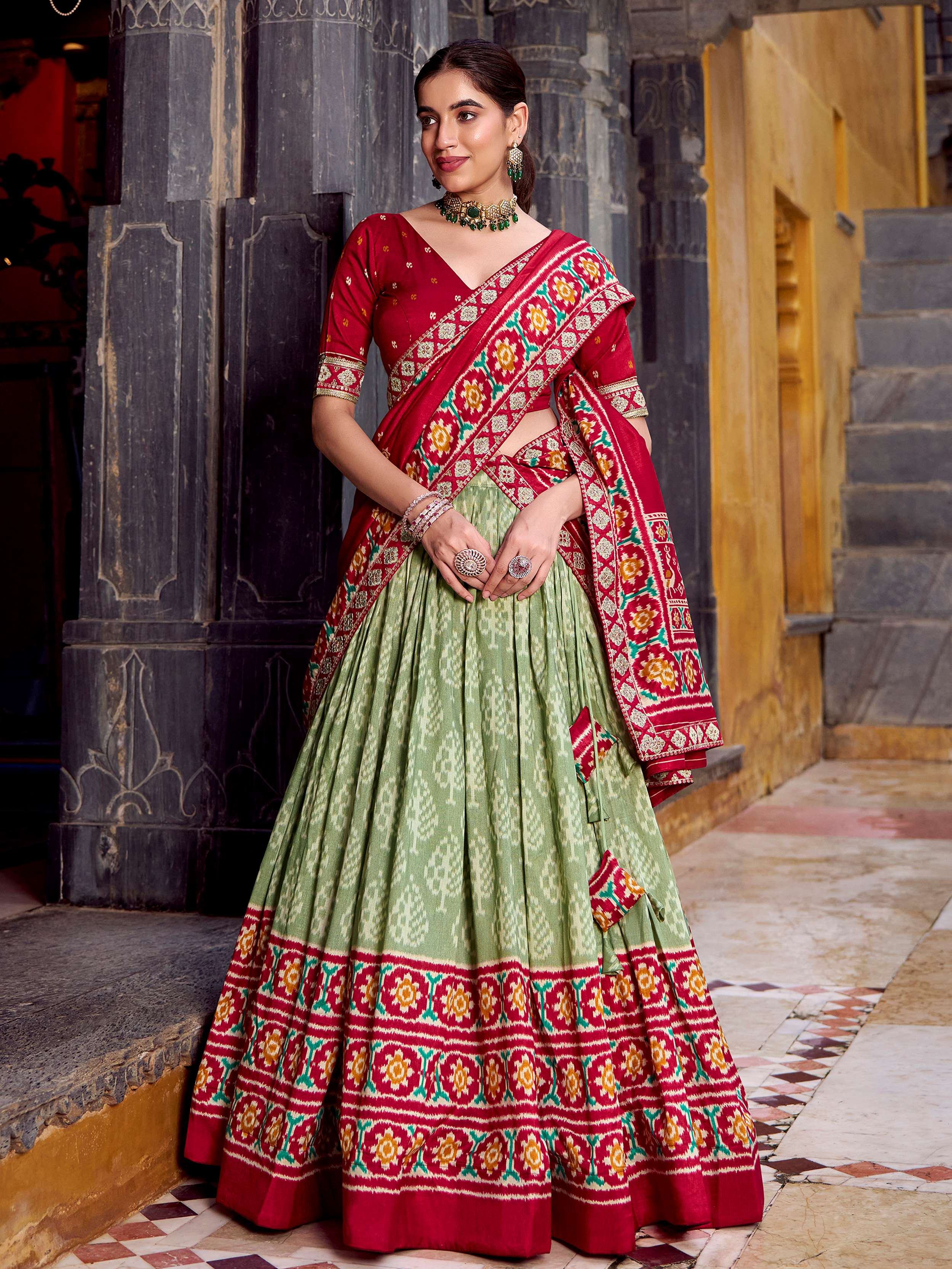 Sage Green Silk Ikkat Printed Traditional Lehenga Choli