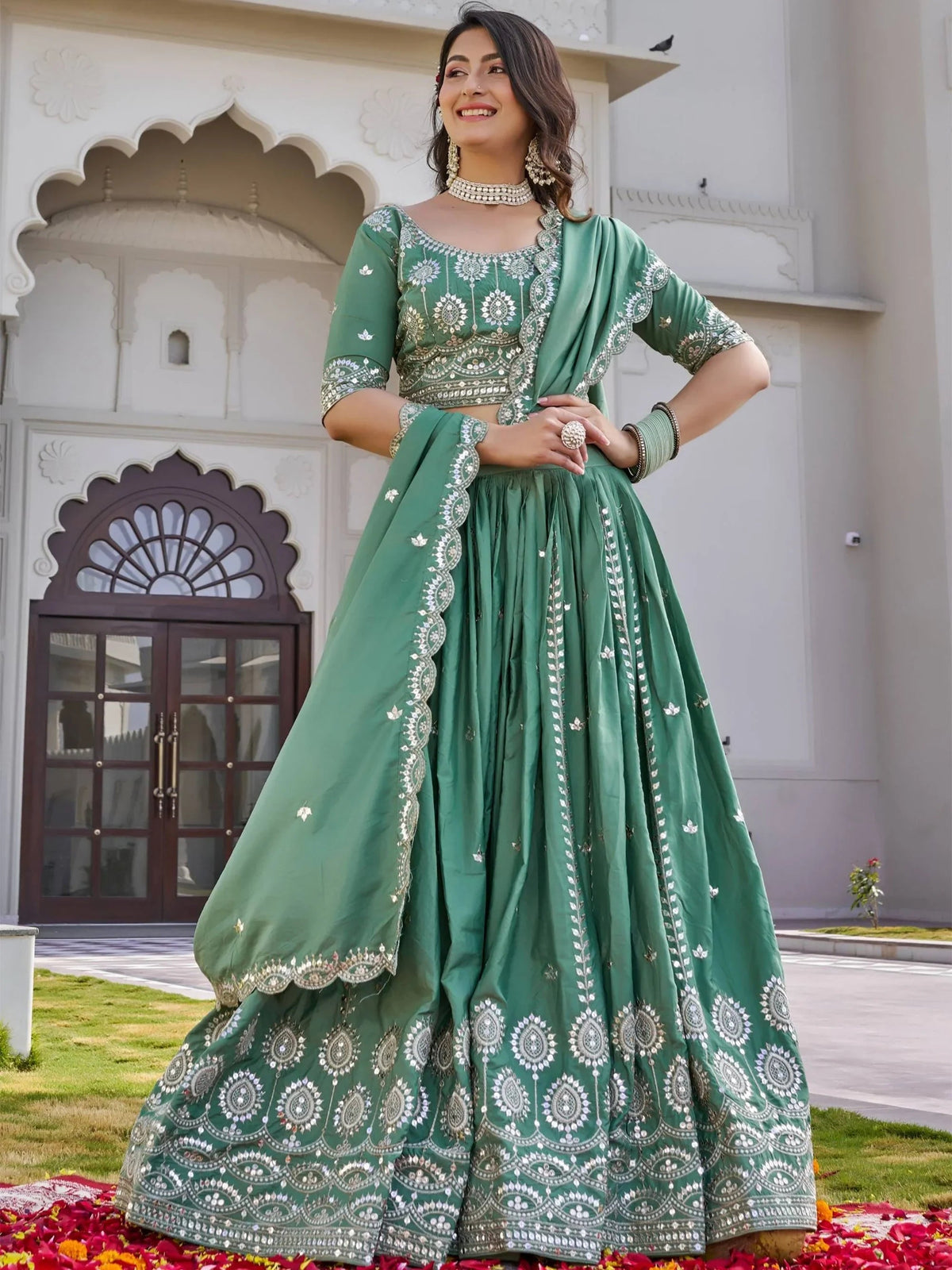 Green Graceful Embroidered Silk Function Wear Lehenga Choli for Women