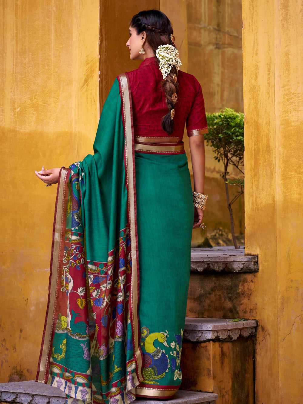 Green Chanderi Kalamkari Printed Saree With Blouse