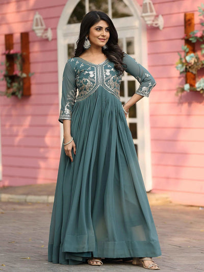 Green Georgette Sequins Work Festival Wear Gown for Women