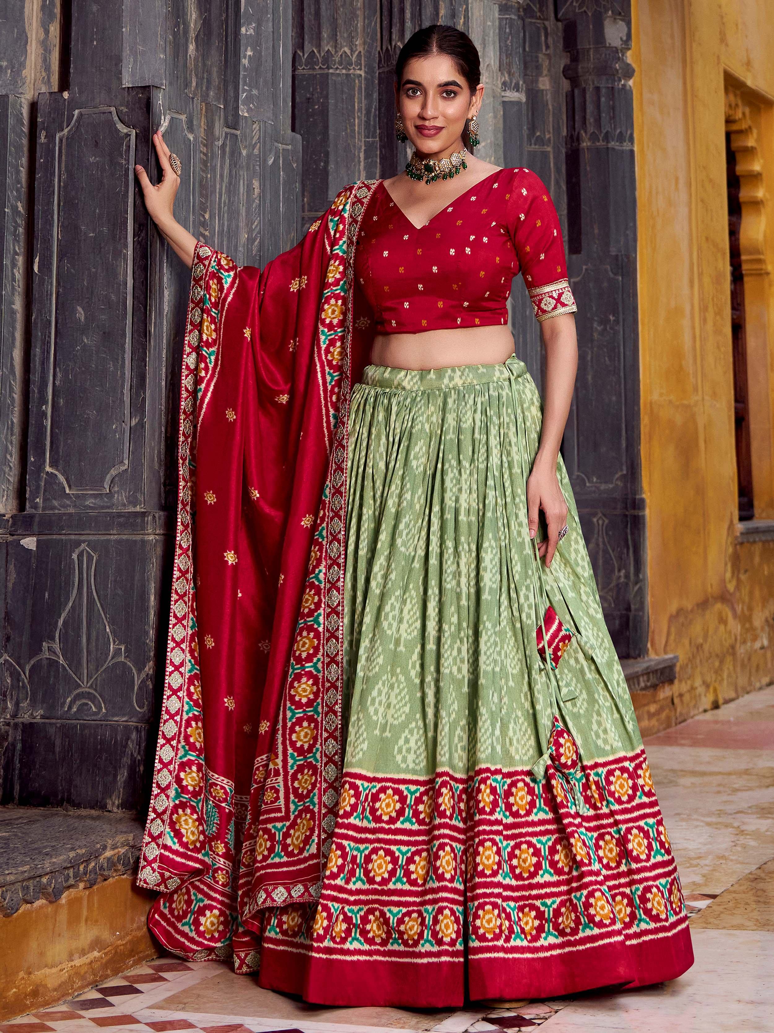 Sage Green Silk Ikkat Printed Traditional Lehenga Choli