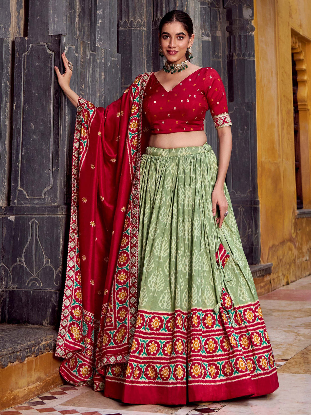 Sage Green Silk Ikkat Printed Traditional Lehenga Choli