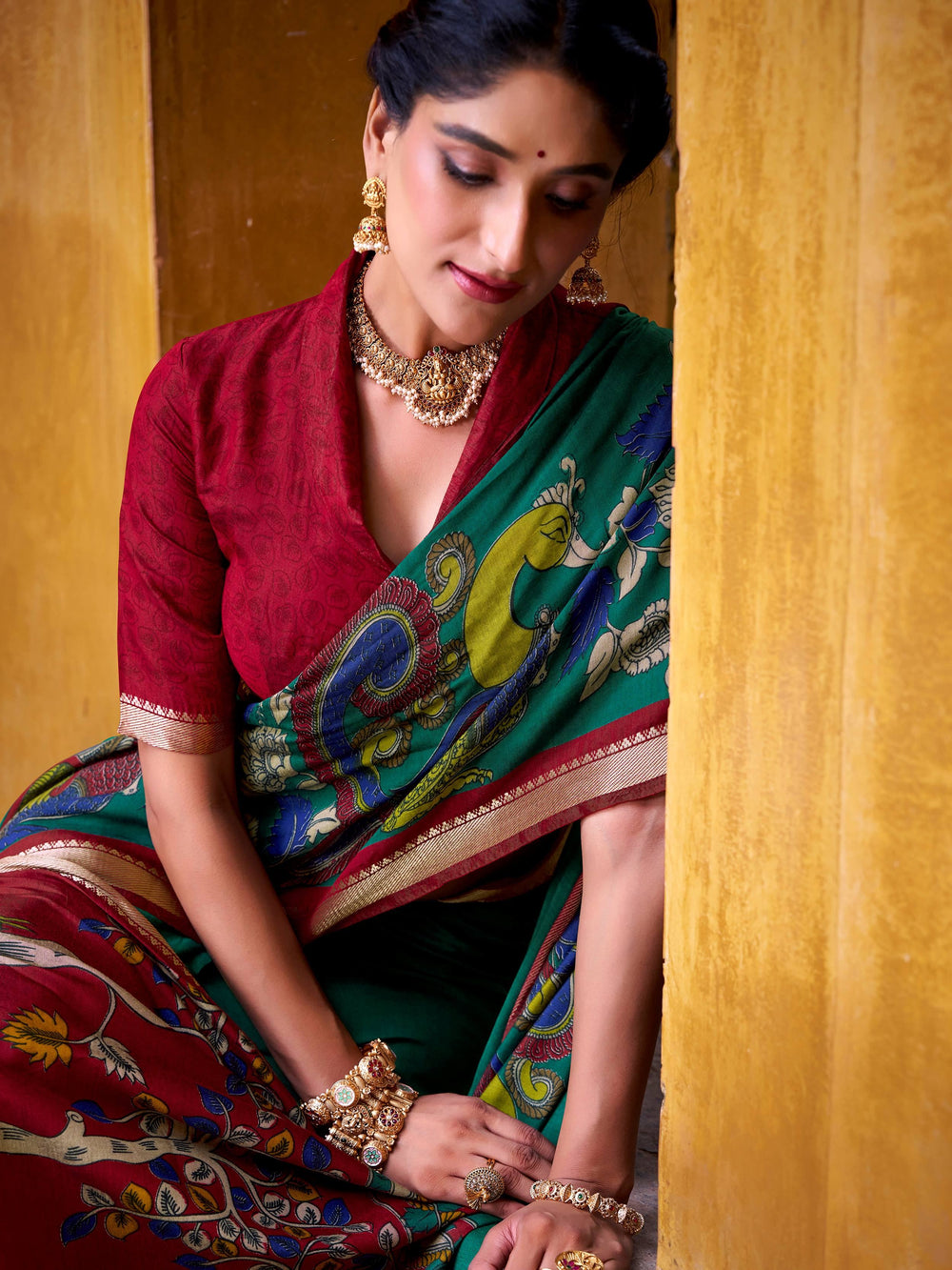 Green Chanderi Kalamkari Printed Saree With Blouse