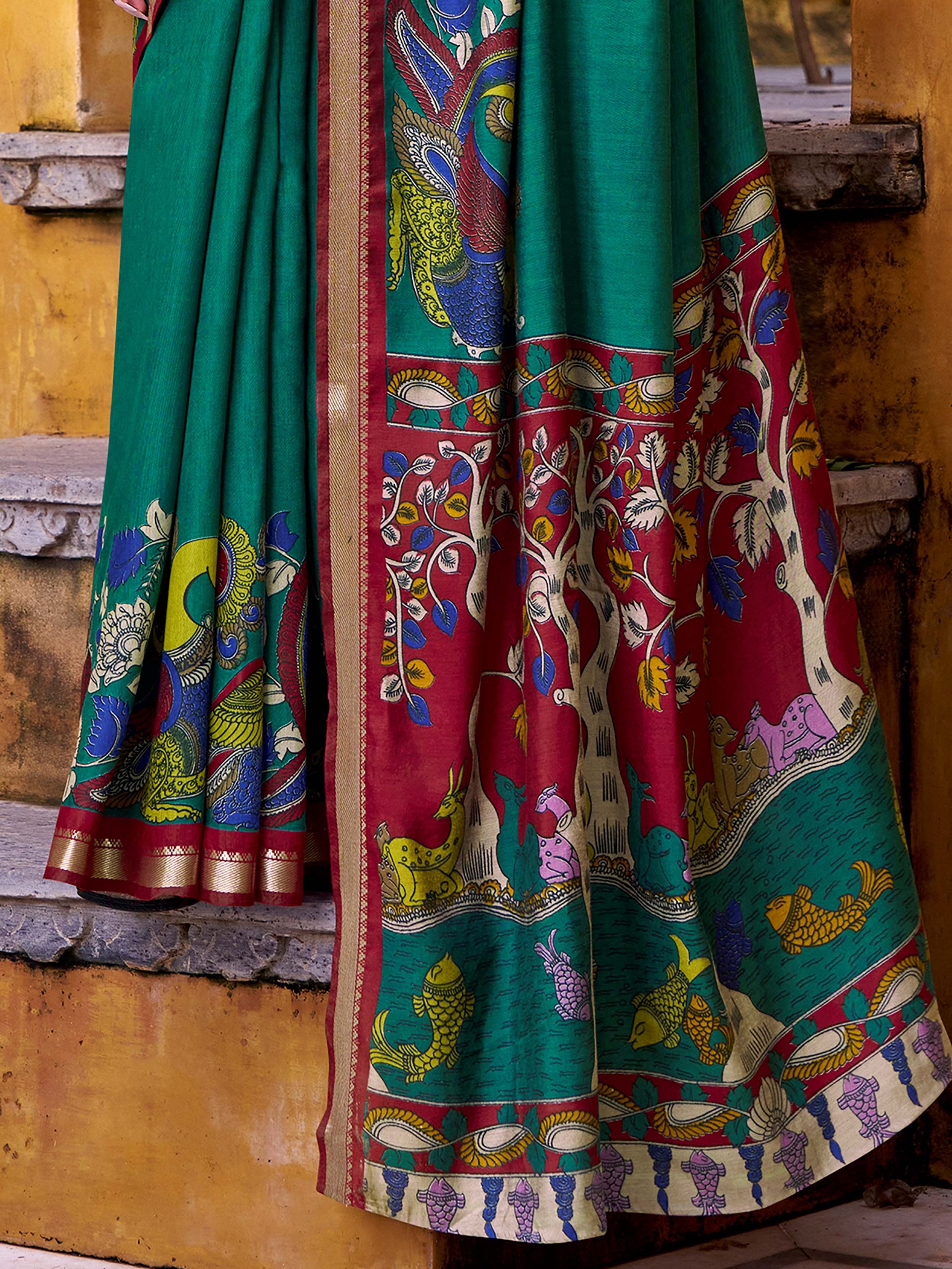 Green Chanderi Kalamkari Printed Saree With Blouse