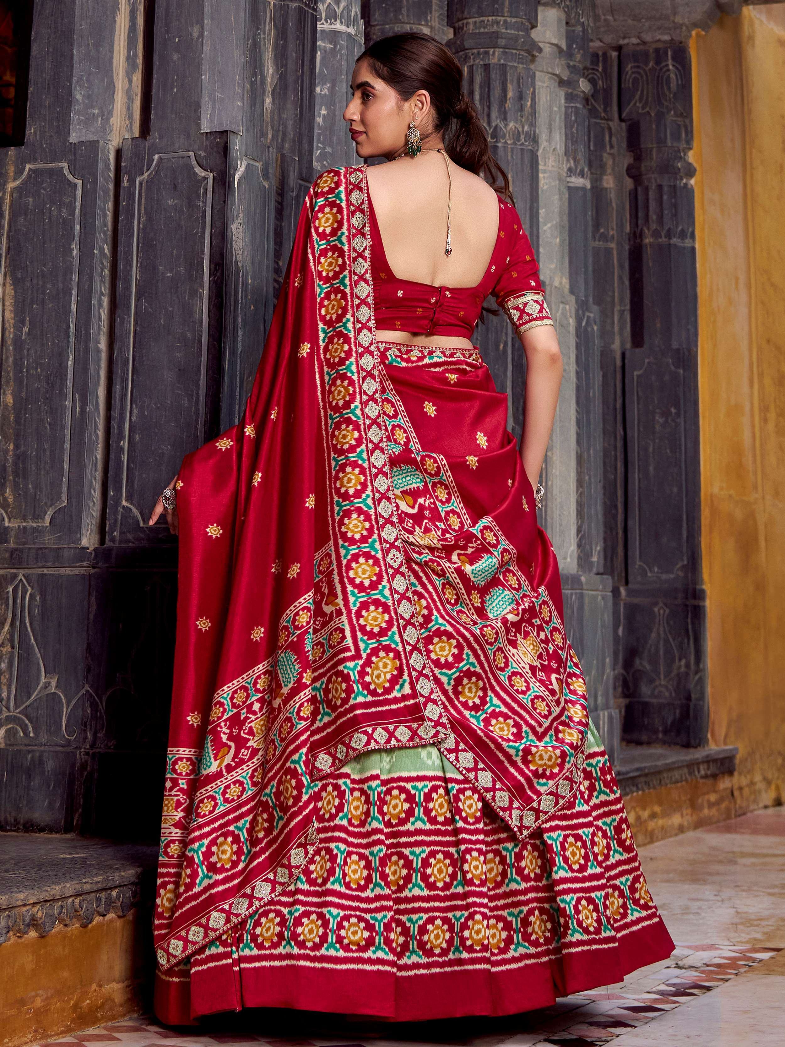 Sage Green Silk Ikkat Printed Traditional Lehenga Choli