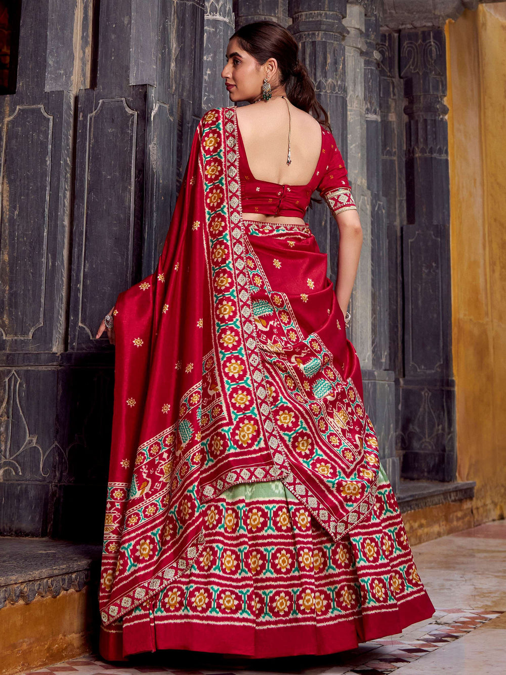 Sage Green Silk Ikkat Printed Traditional Lehenga Choli