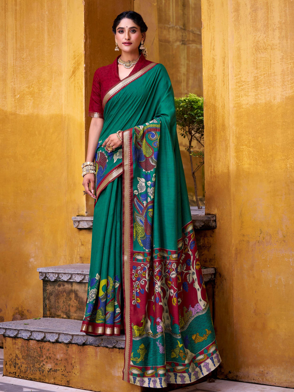 Green Chanderi Kalamkari Printed Saree With Blouse