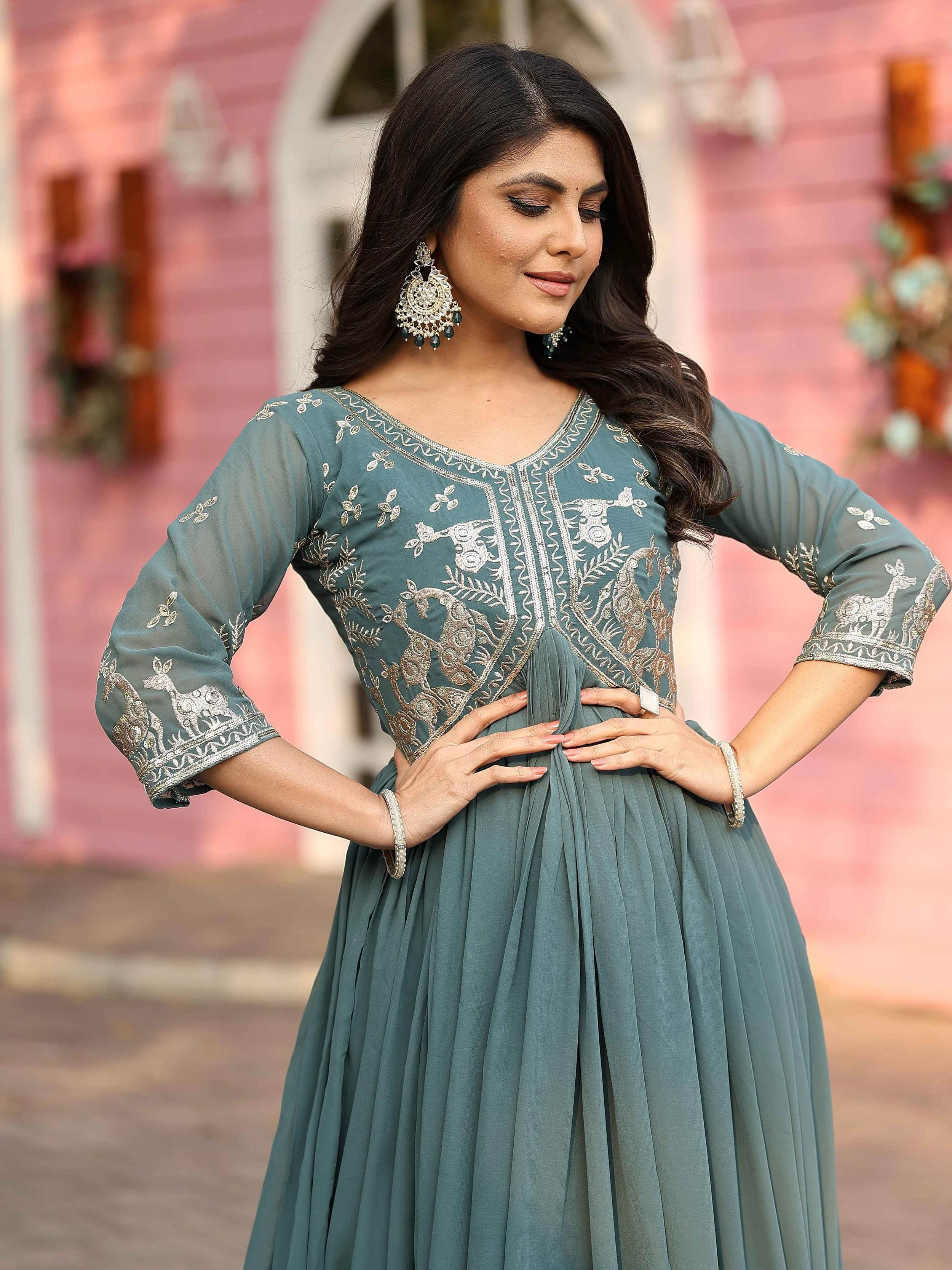 Green Georgette Sequins Work Festival Wear Gown for Women