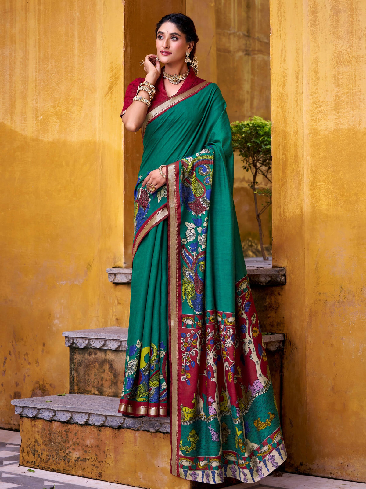Green Chanderi Kalamkari Printed Saree With Blouse