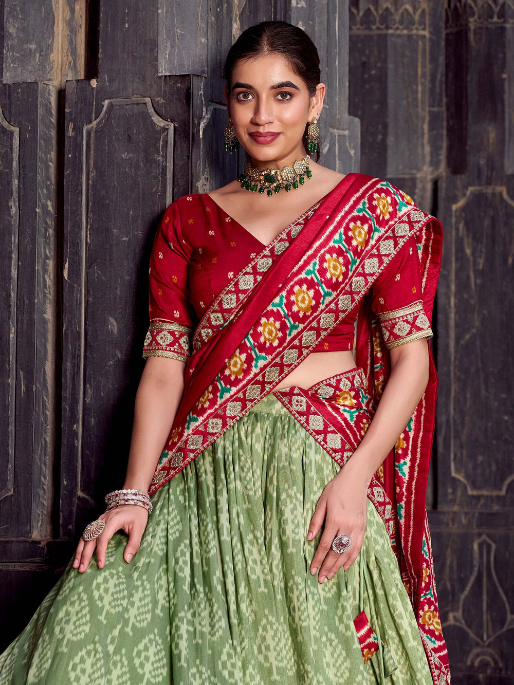 Sage Green Silk Ikkat Printed Traditional Lehenga Choli