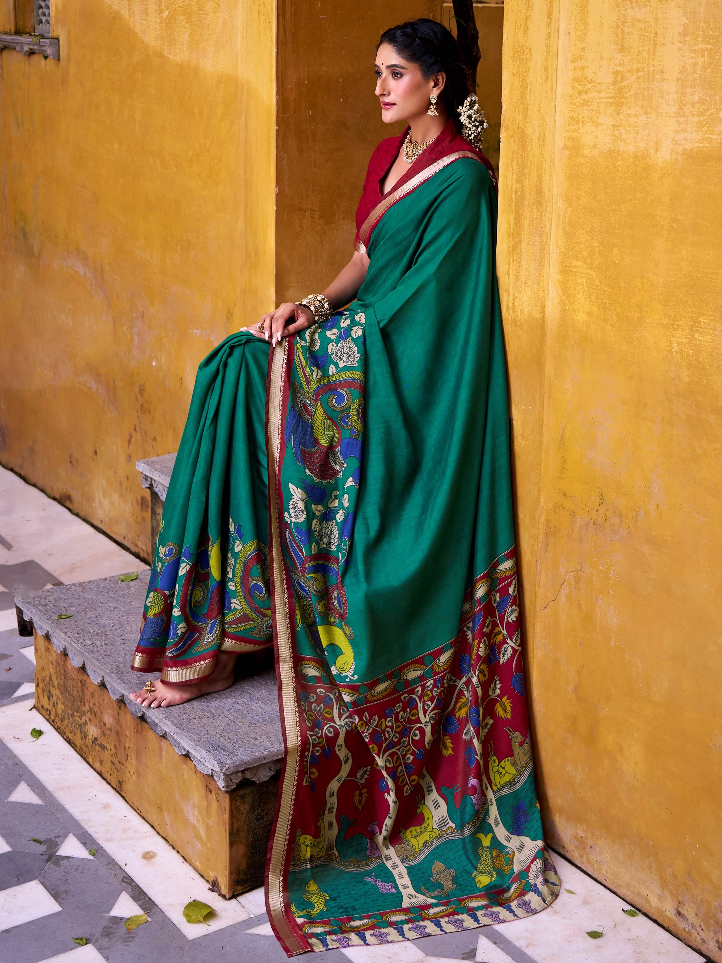 Green Chanderi Kalamkari Printed Saree With Blouse