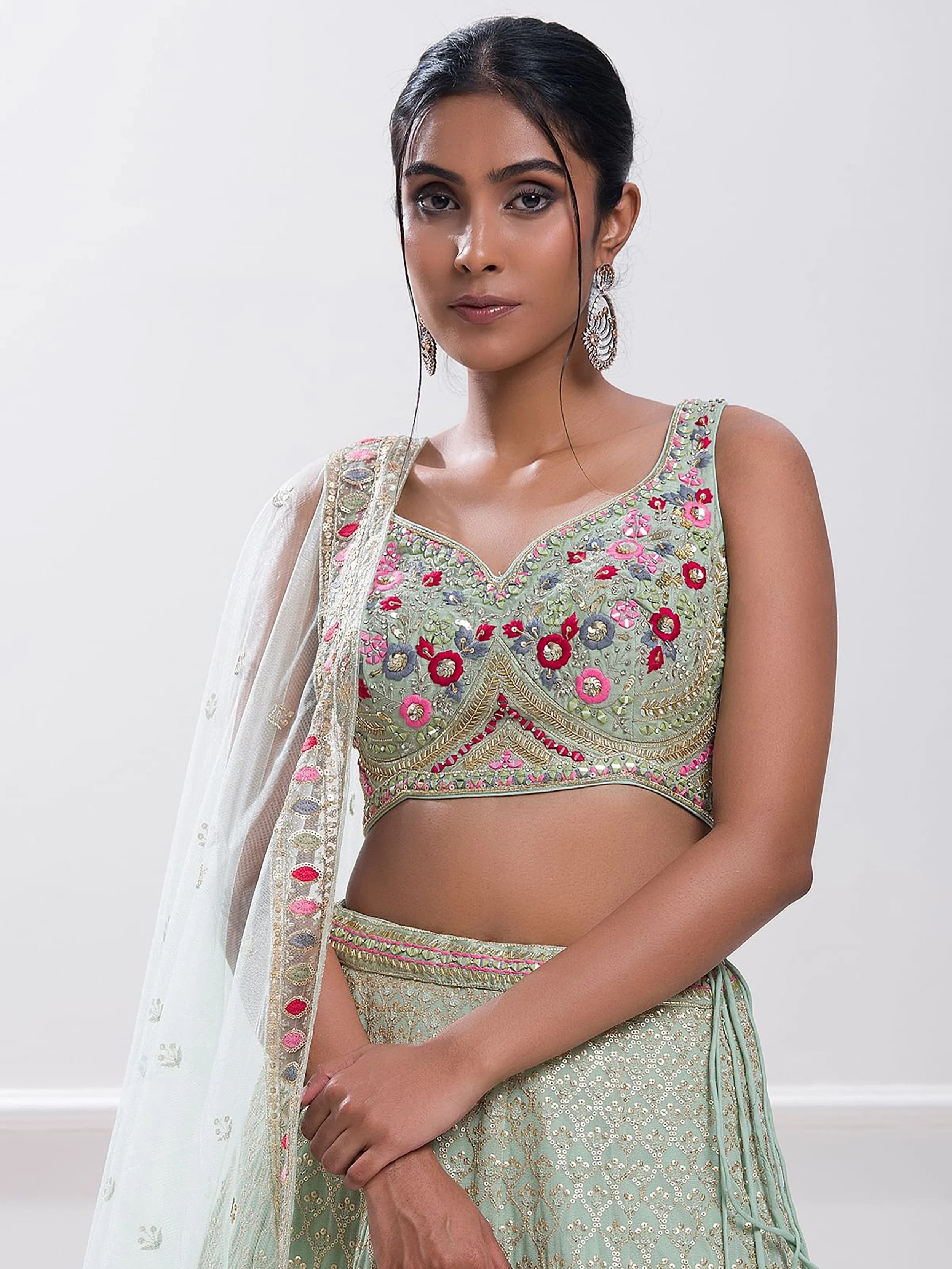 Pista Green Sequins Georgette Traditional Lehenga Choli for Ladies