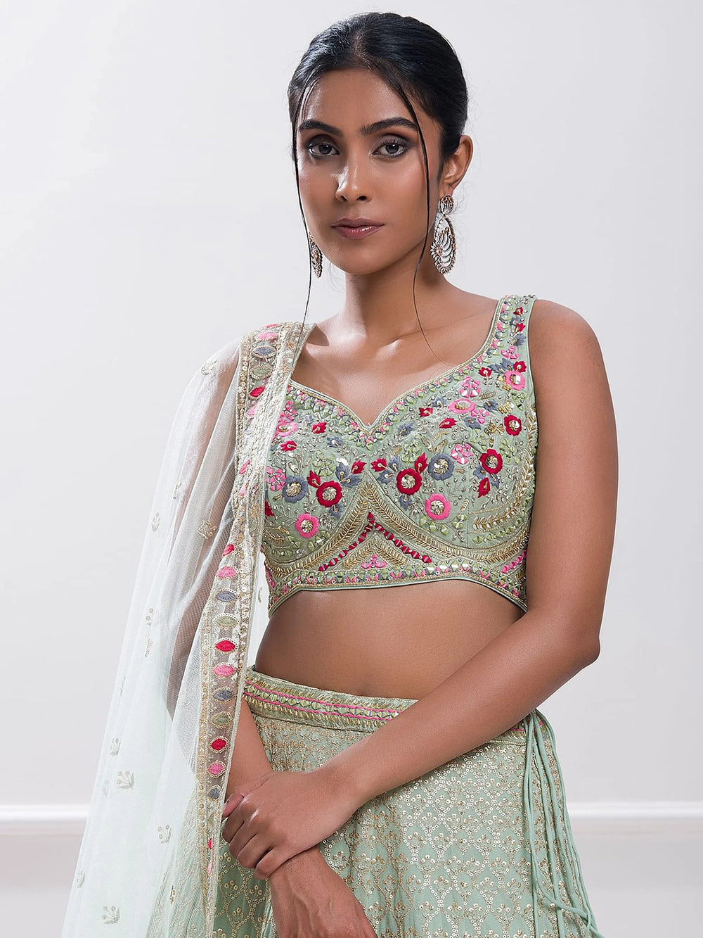 Pista Green Sequins Georgette Traditional Lehenga Choli for Ladies
