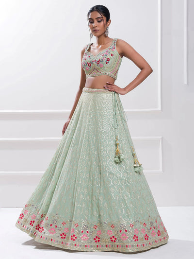 Pista Green Sequins Georgette Traditional Lehenga Choli for Ladies