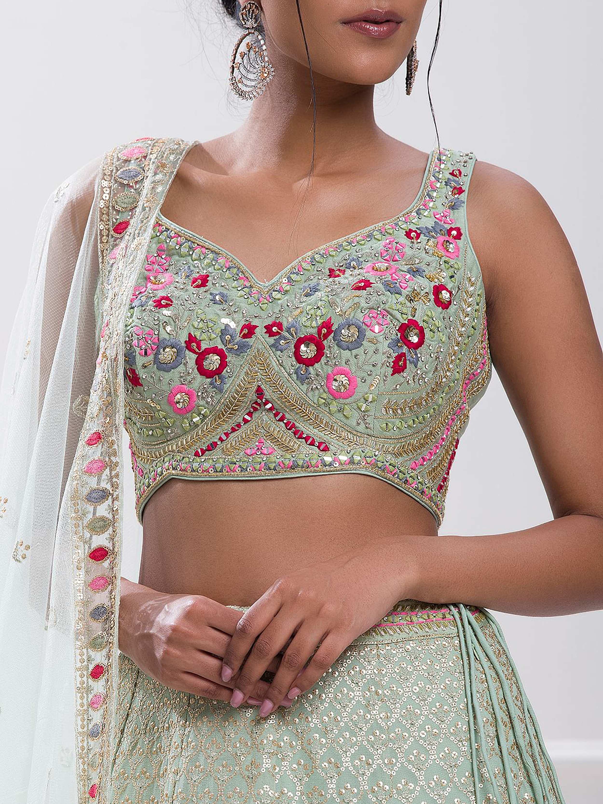 Pista Green Sequins Georgette Traditional Lehenga Choli for Ladies
