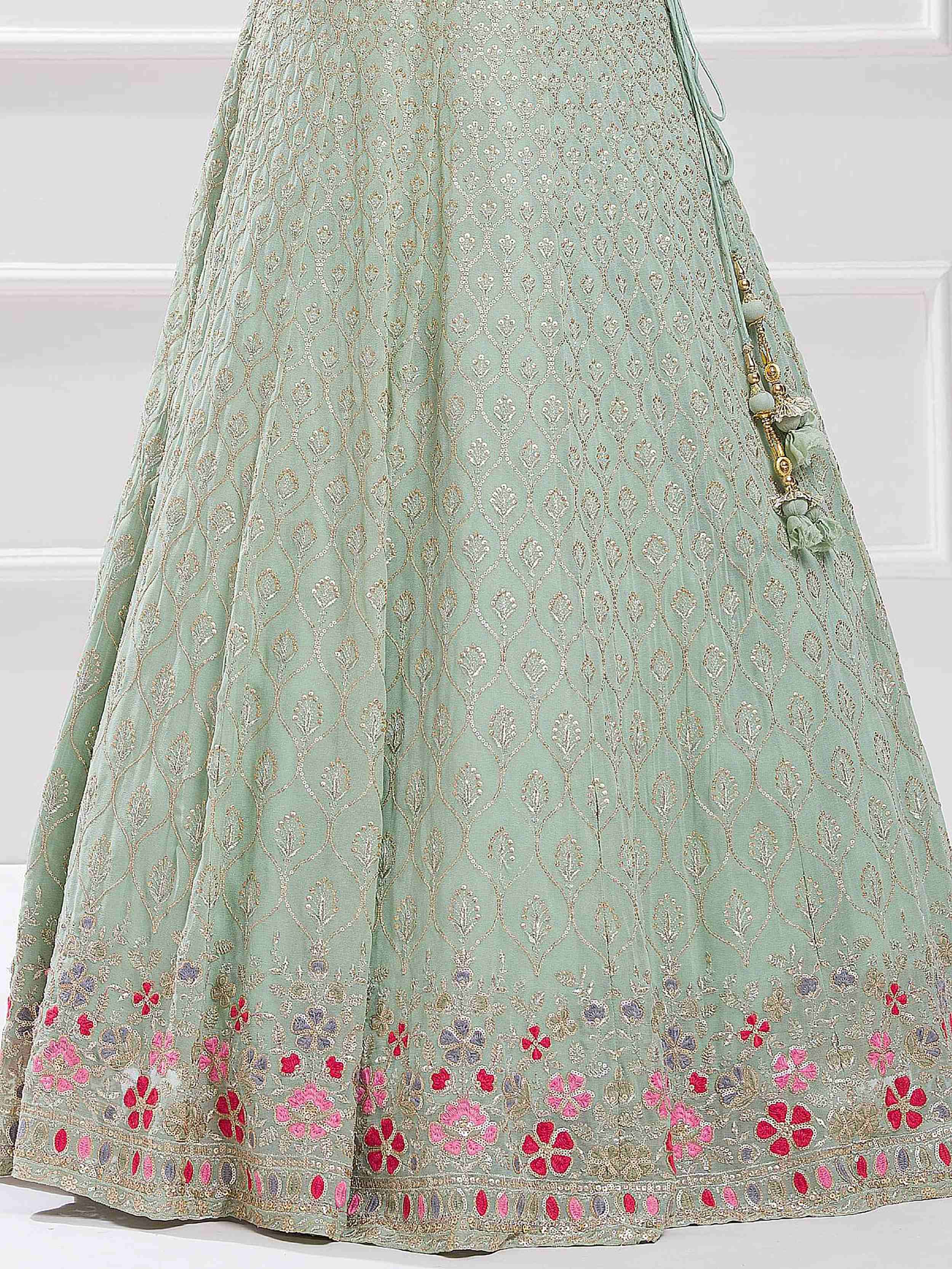 Pista Green Sequins Georgette Traditional Lehenga Choli for Ladies