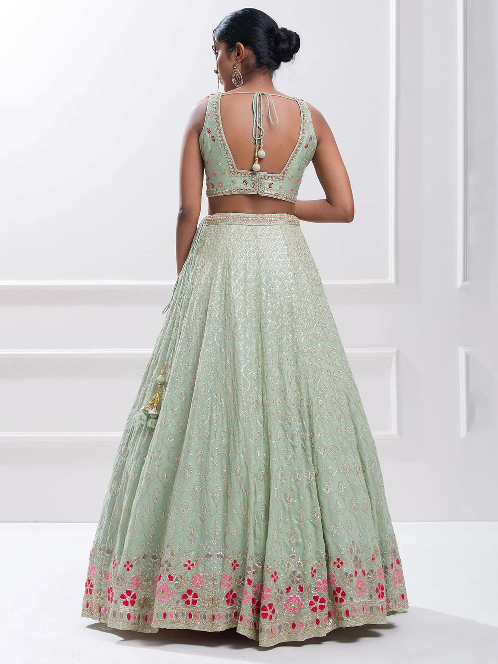Pista Green Sequins Georgette Traditional Lehenga Choli for Ladies
