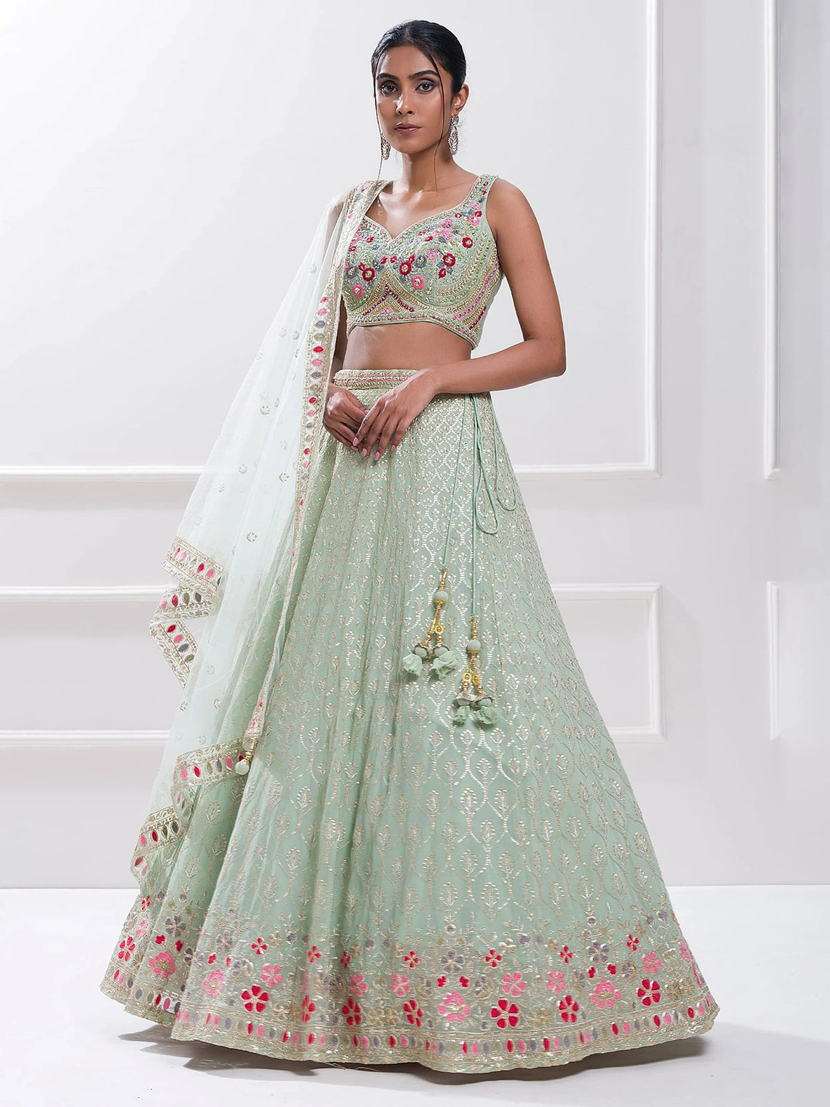 Pista Green Sequins Georgette Traditional Lehenga Choli for Ladies