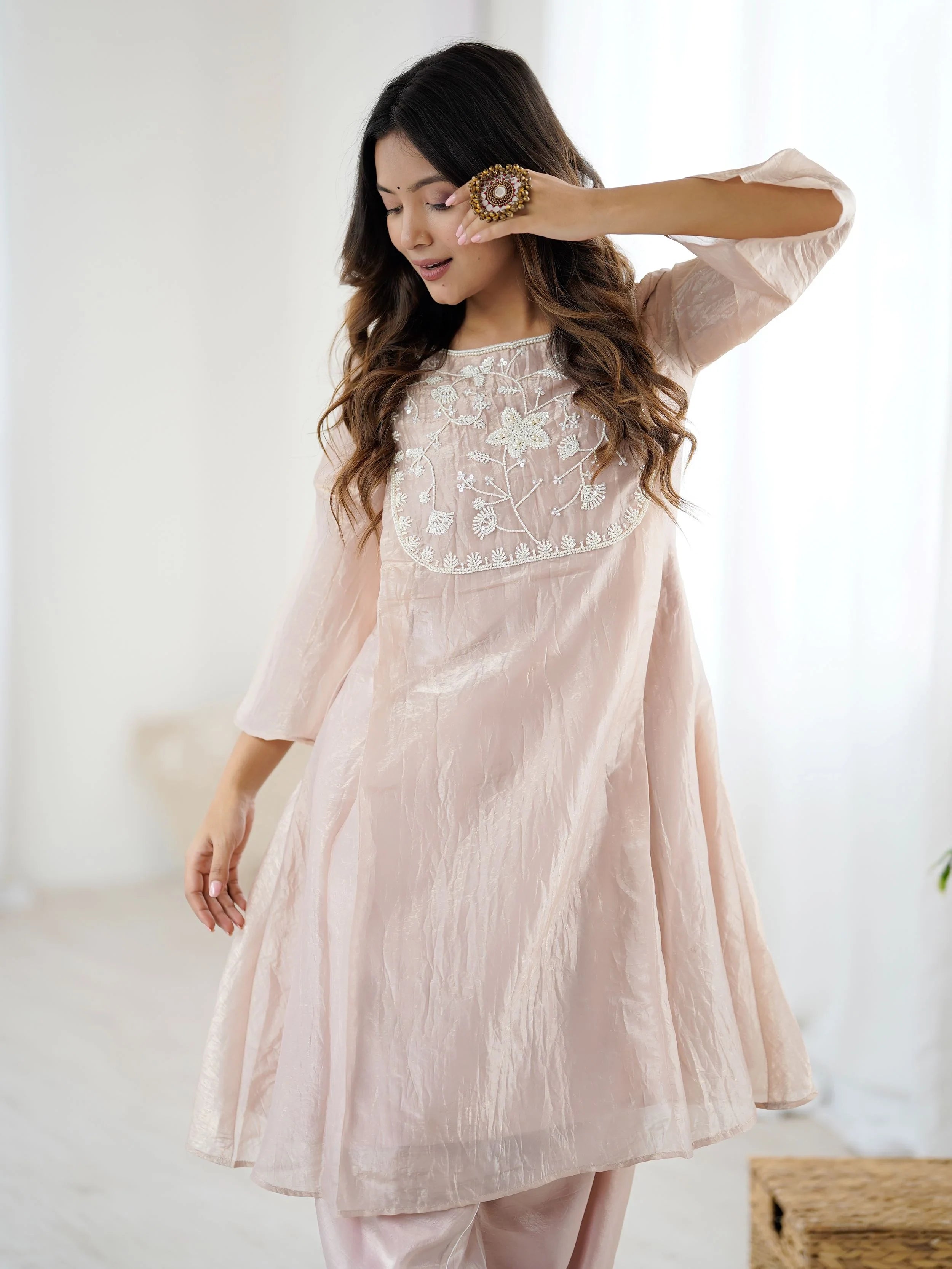 Peach Organza Embroidered Festive Kurti With Dhoti Pants