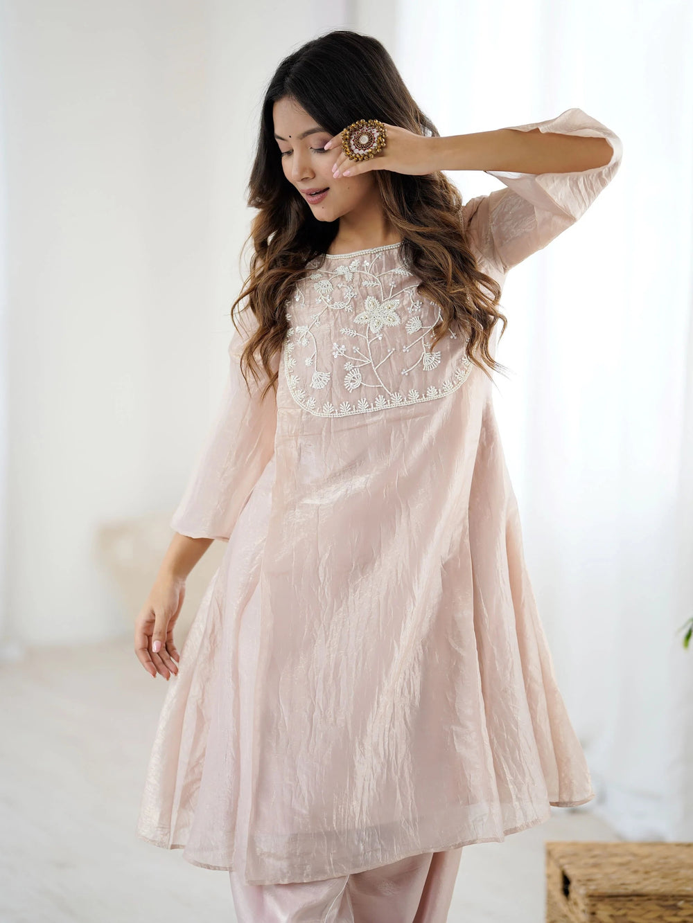 Peach Organza Embroidered Festive Kurti With Dhoti Pants