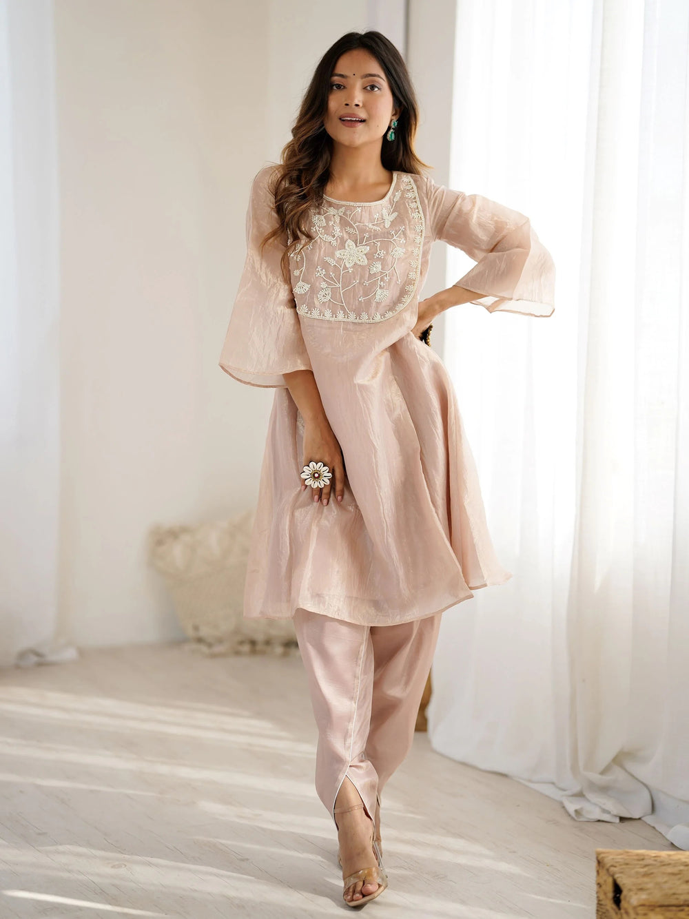 Peach Organza Embroidered Festive Kurti With Dhoti Pants