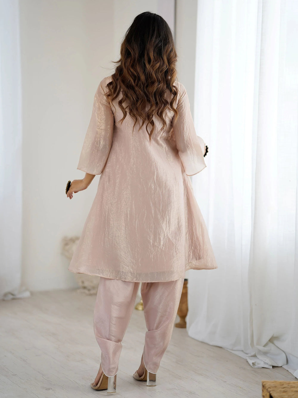 Peach Organza Embroidered Festive Kurti With Dhoti Pants