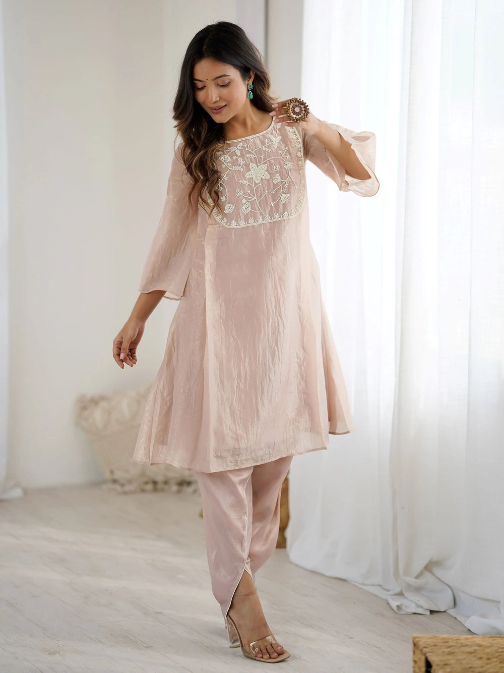 Peach Organza Embroidered Festive Kurti With Dhoti Pants