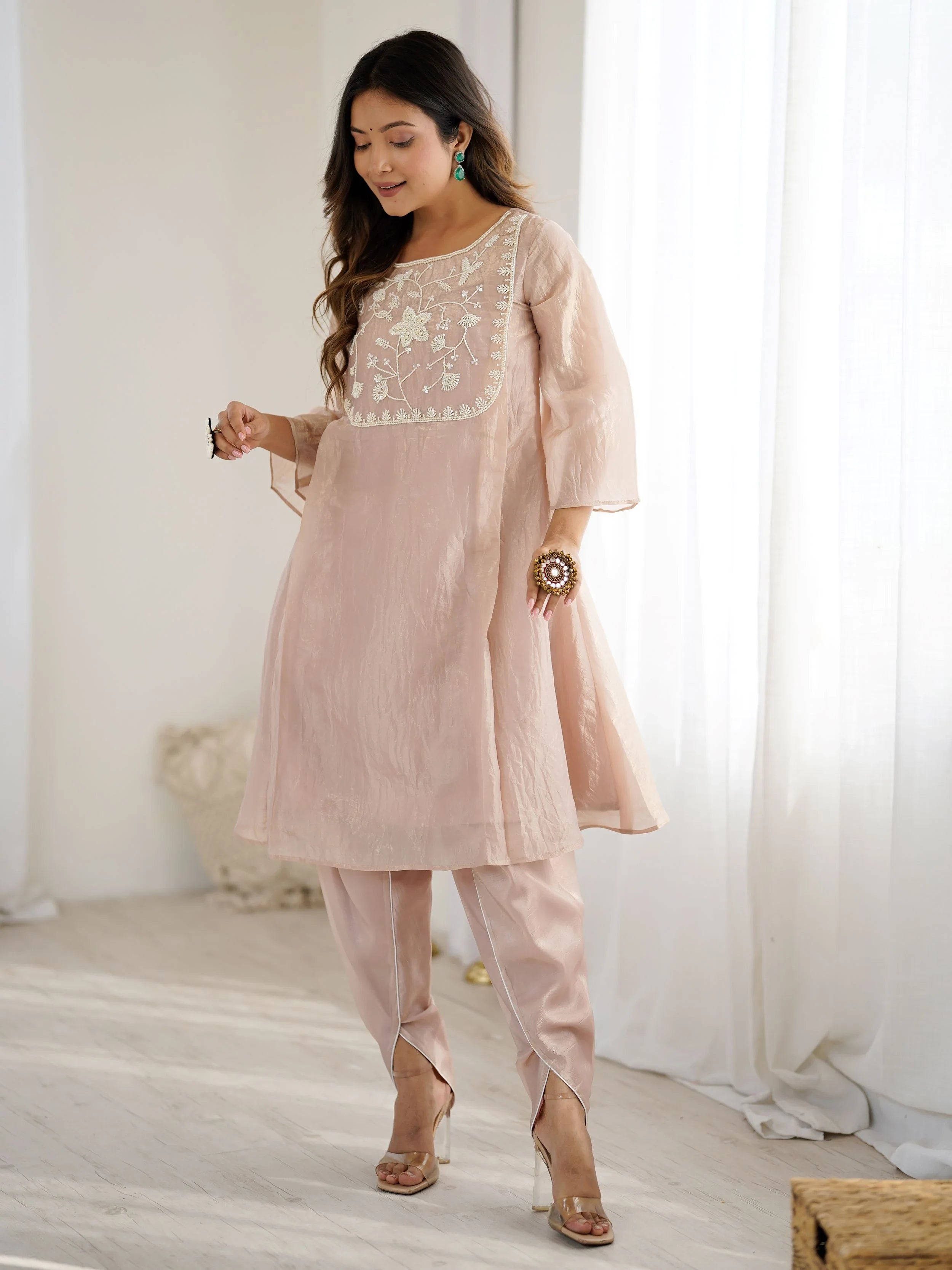 Peach Organza Embroidered Festive Kurti With Dhoti Pants