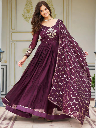 Wine Color Sequins Rangoli Silk Engagement Wear Gown for Women