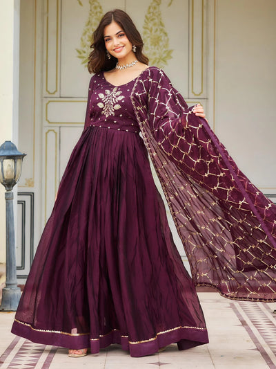 Wine Color Sequins Rangoli Silk Engagement Wear Gown for Women