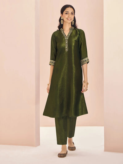 Olive Green Embroidered Organza Event Wear Pant Suit