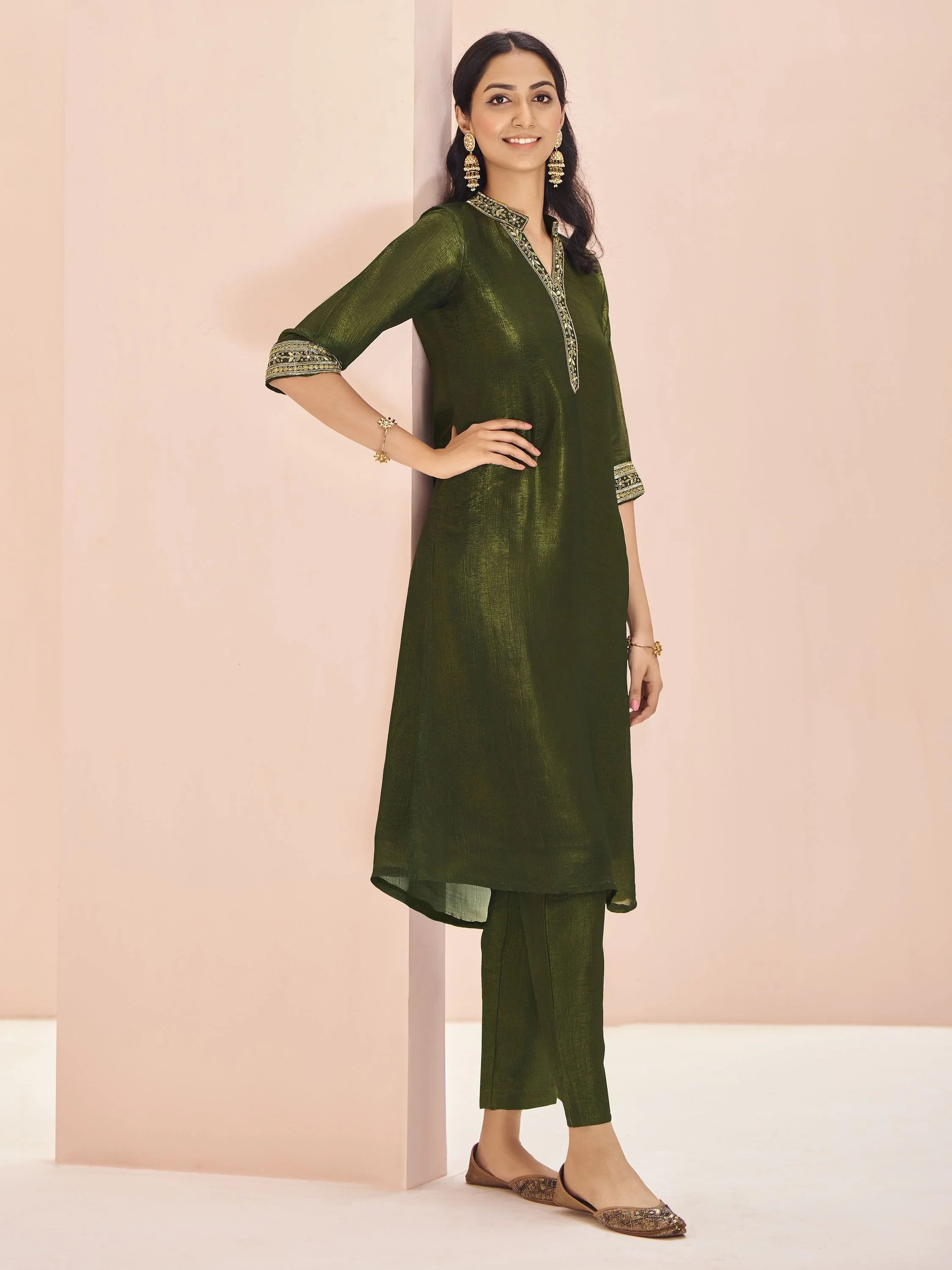 Olive Green Embroidered Organza Event Wear Pant Suit