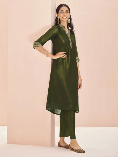 Olive Green Embroidered Organza Event Wear Pant Suit
