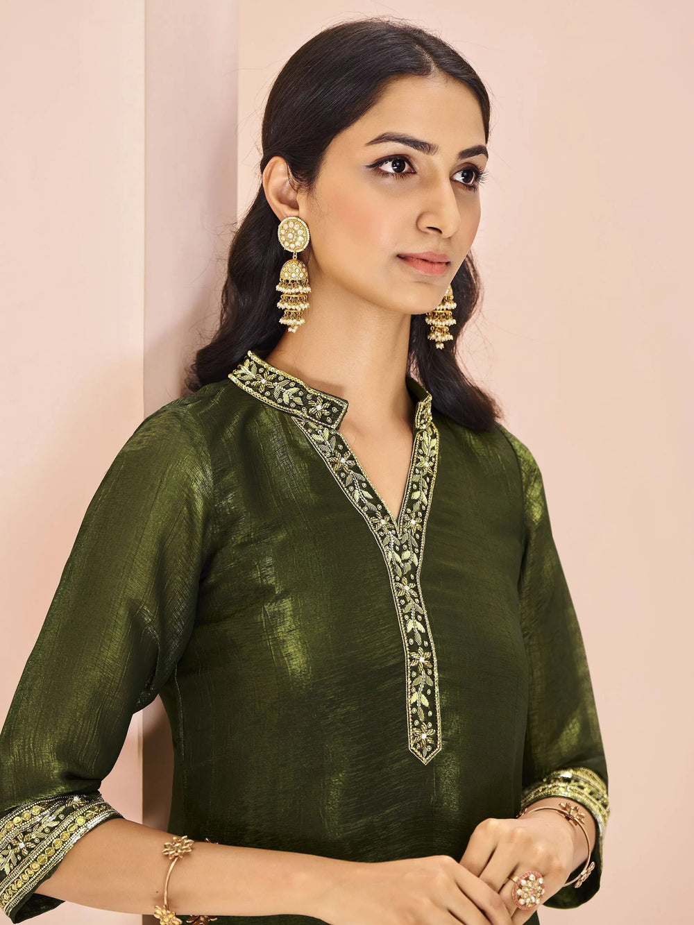 Olive Green Embroidered Organza Event Wear Pant Suit