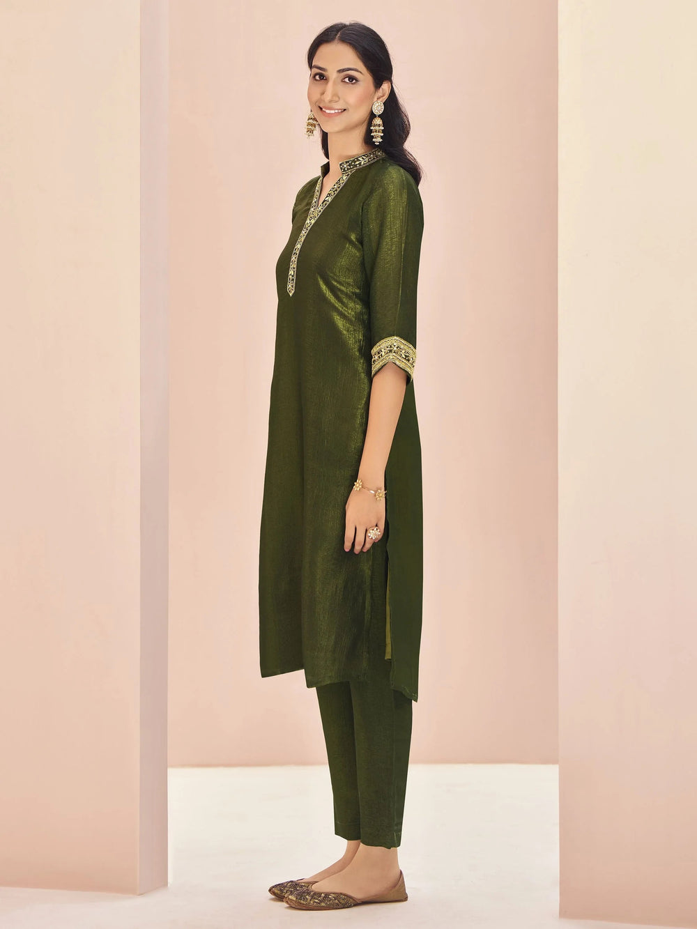 Olive Green Embroidered Organza Event Wear Pant Suit