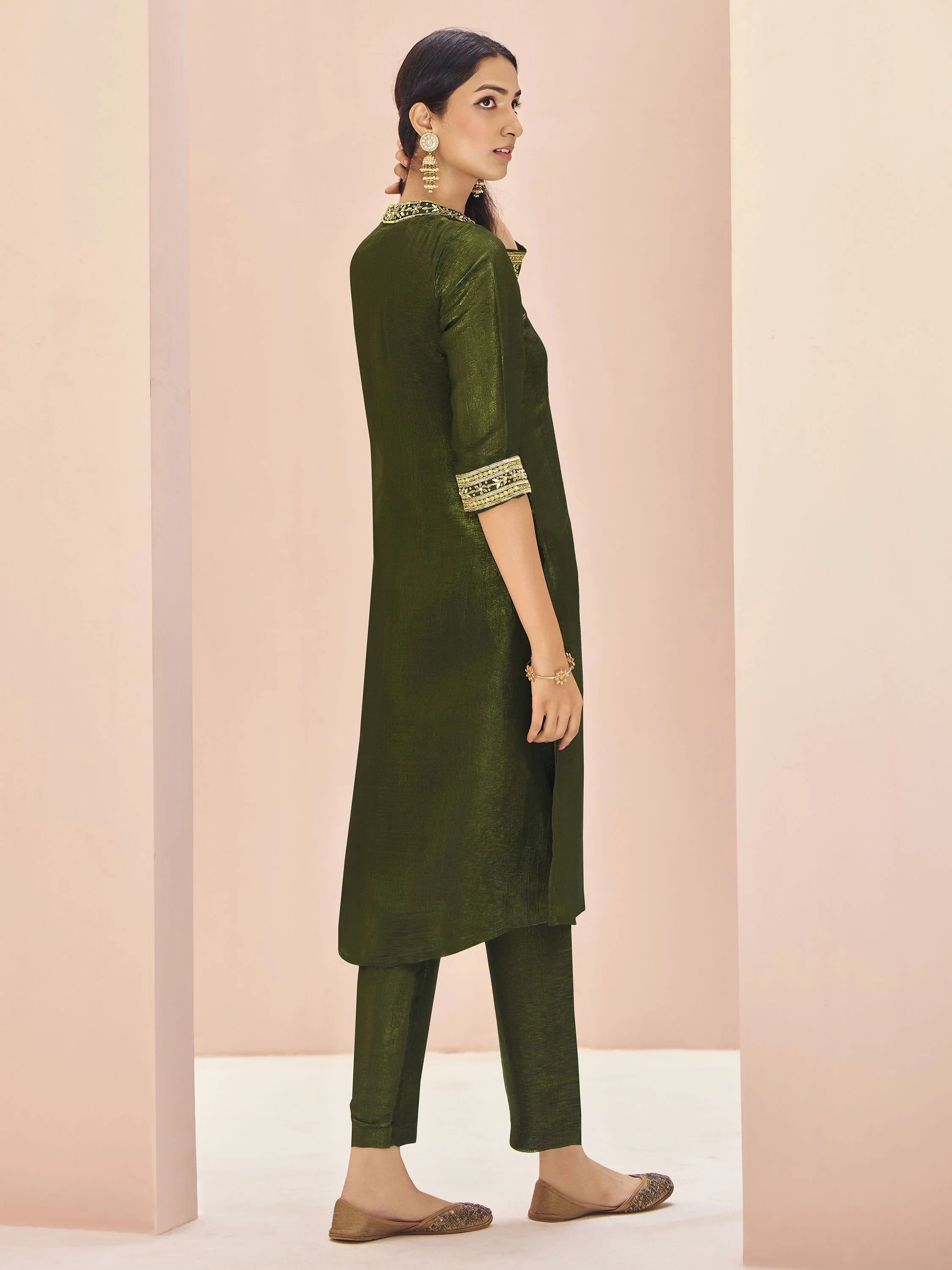 Olive Green Embroidered Organza Event Wear Pant Suit