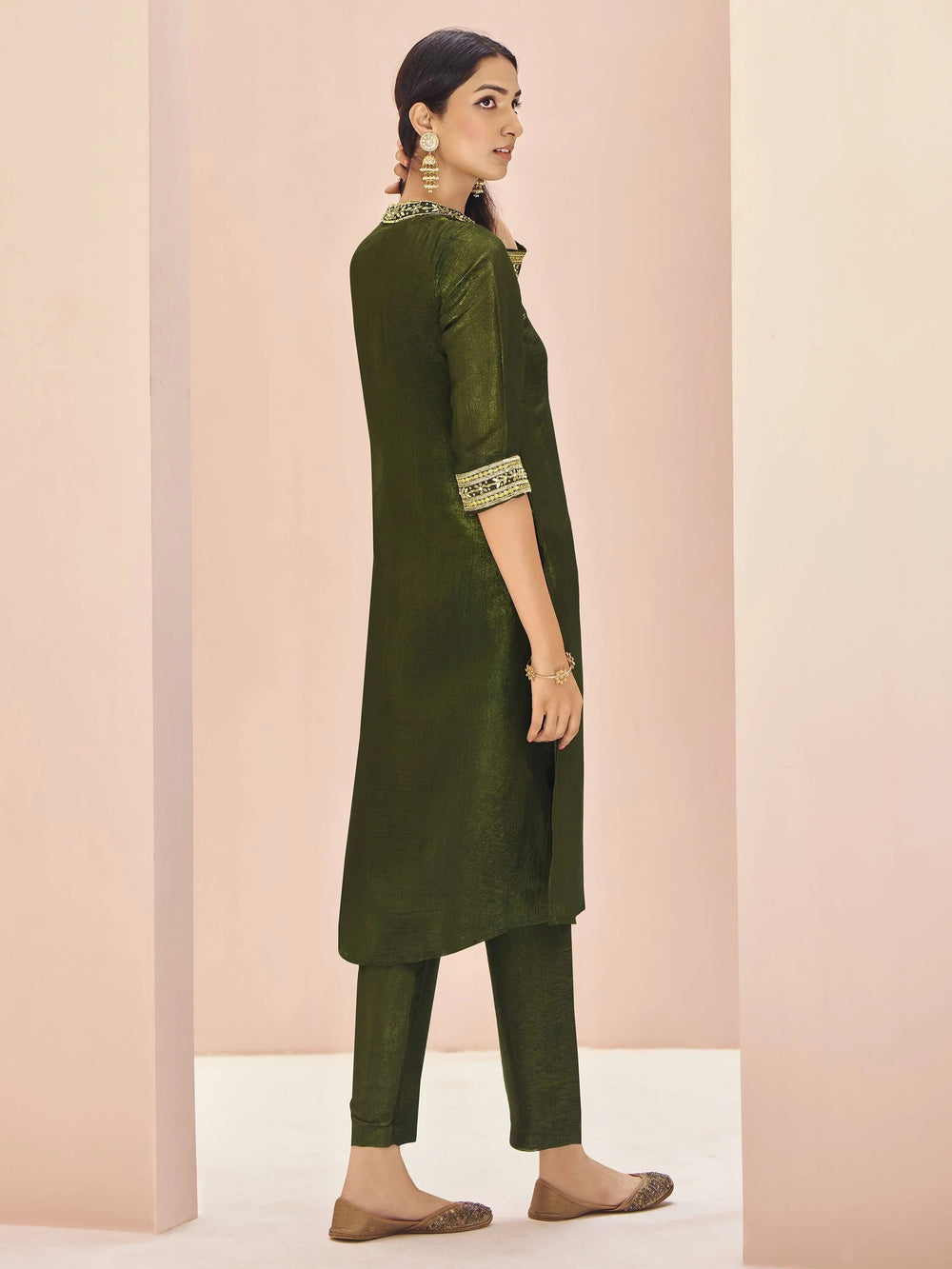 Olive Green Embroidered Organza Event Wear Pant Suit