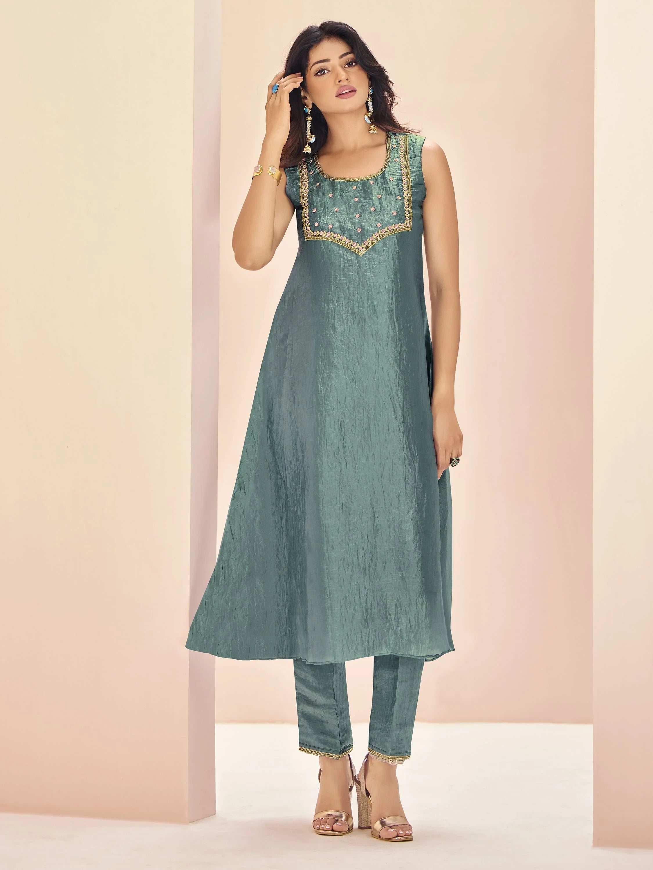 Aqua Blue Embroidered Organza Event Wear Pant Suit