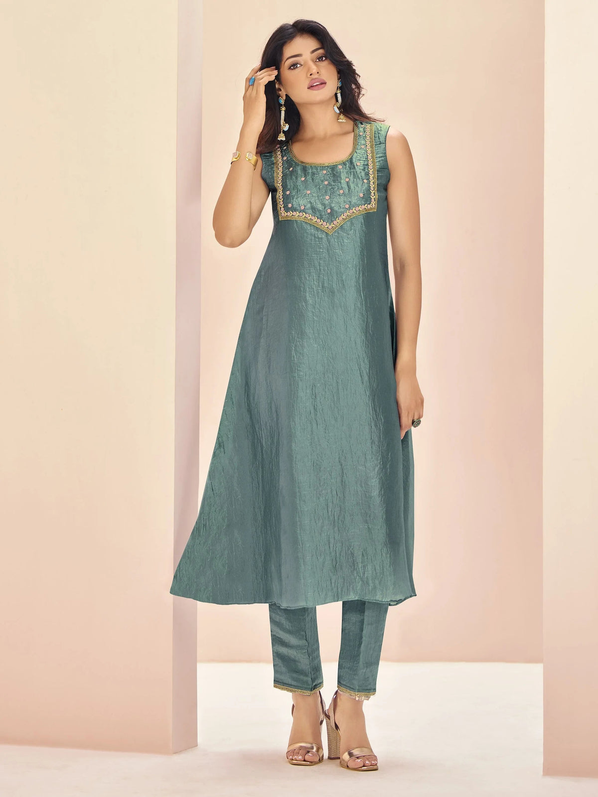 Aqua Blue Embroidered Organza Event Wear Pant Suit