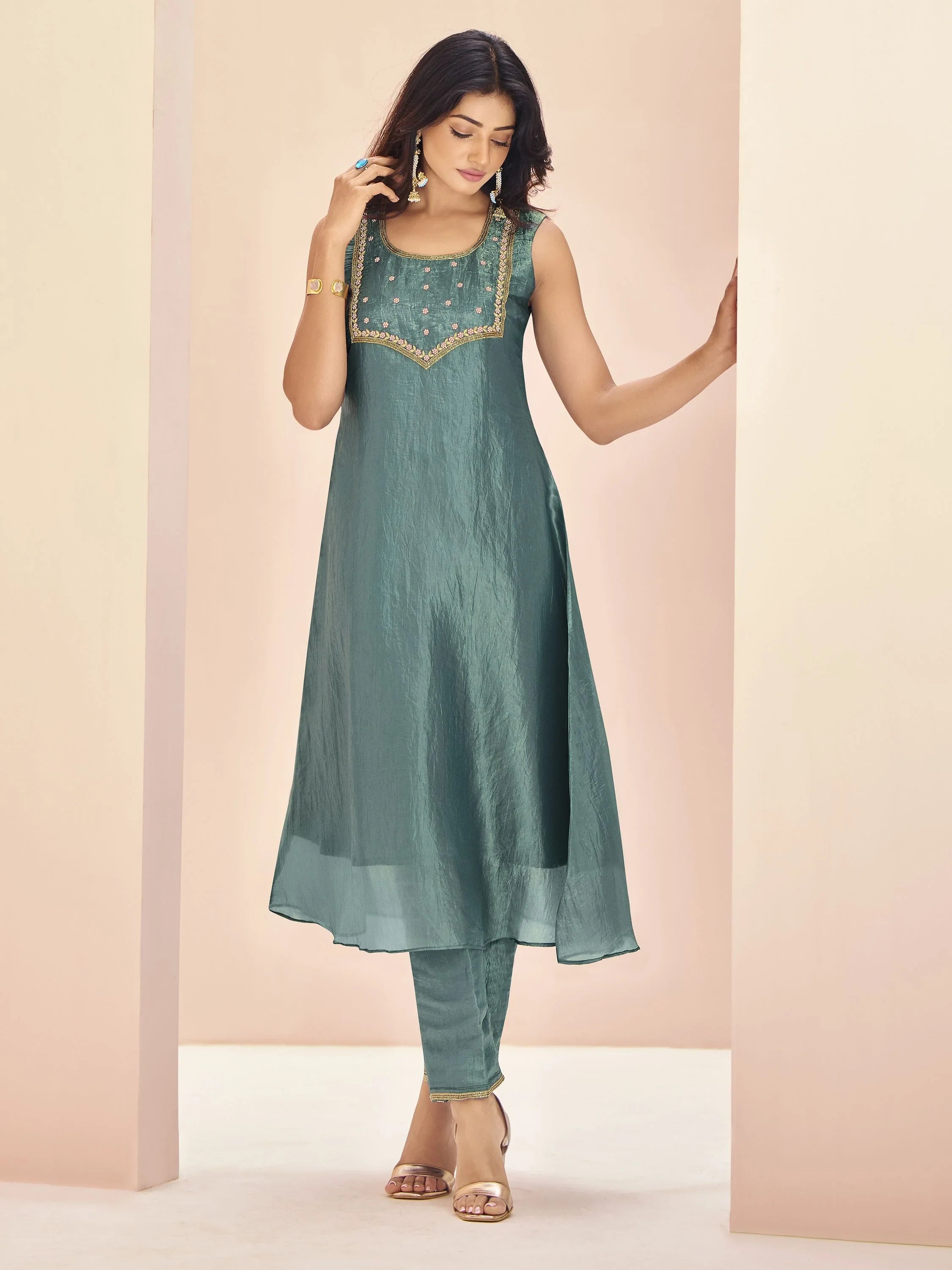 Aqua Blue Embroidered Organza Event Wear Pant Suit