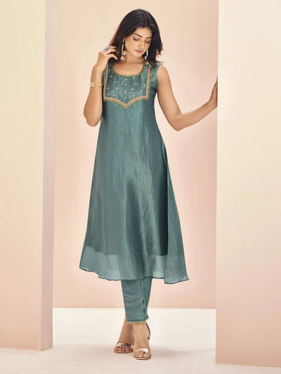Aqua Blue Embroidered Organza Event Wear Pant Suit