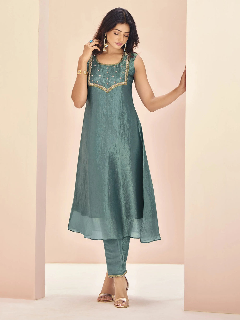 Aqua Blue Embroidered Organza Event Wear Pant Suit