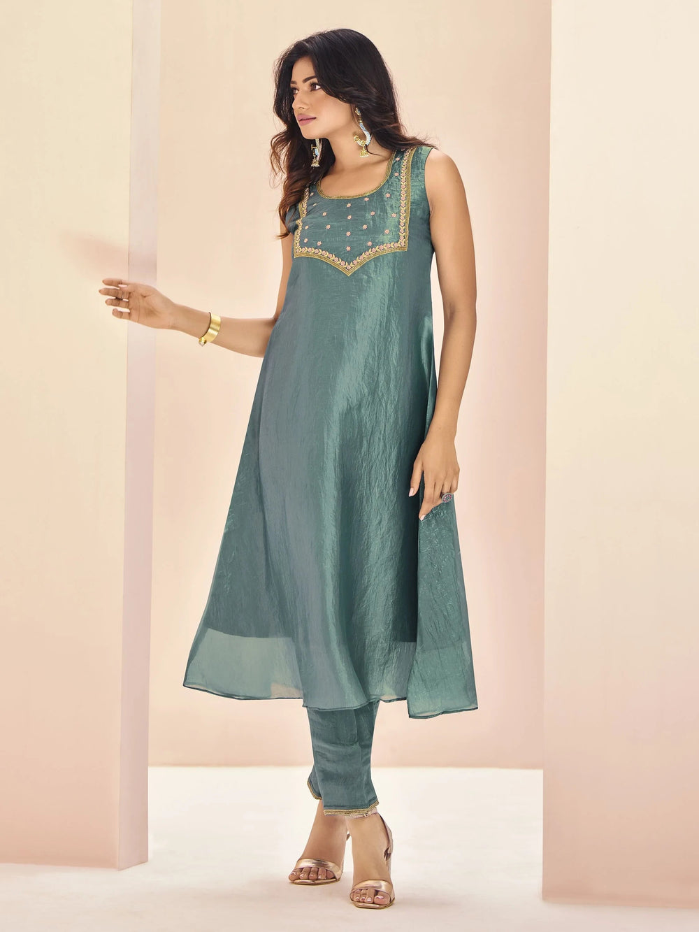 Aqua Blue Embroidered Organza Event Wear Pant Suit