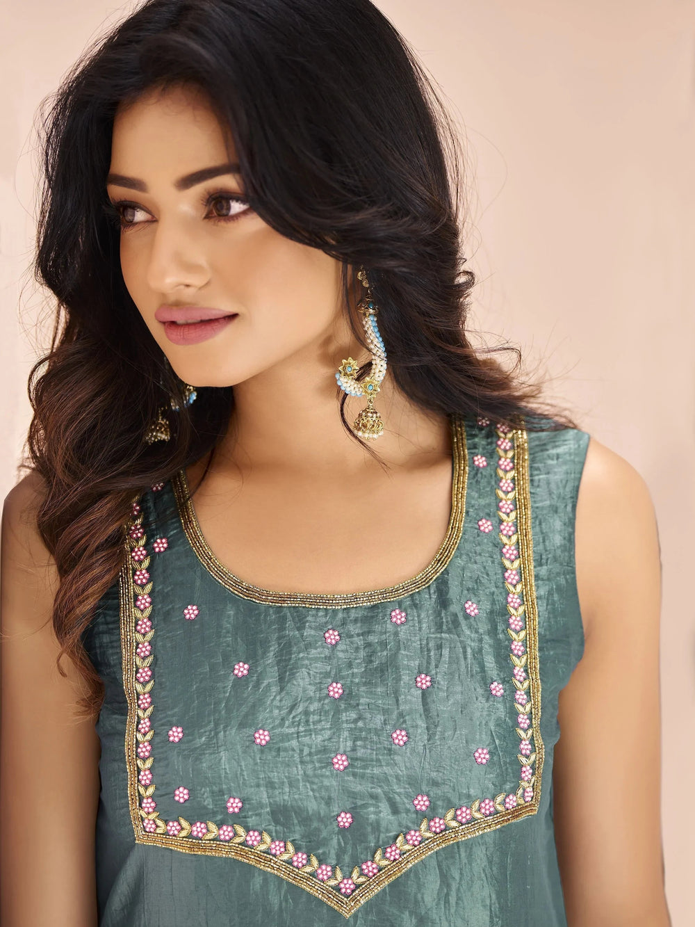 Aqua Blue Embroidered Organza Event Wear Pant Suit