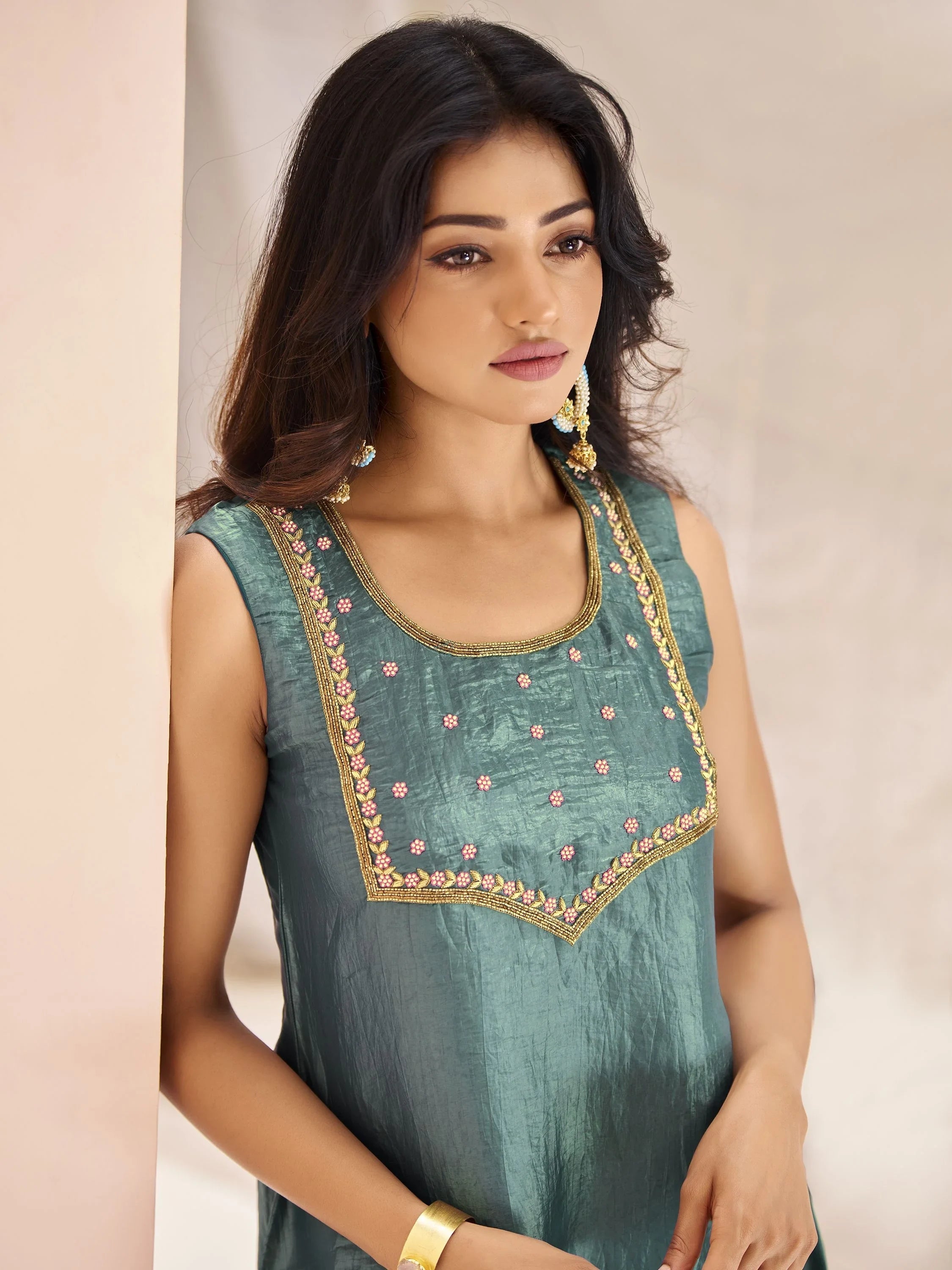 Aqua Blue Embroidered Organza Event Wear Pant Suit