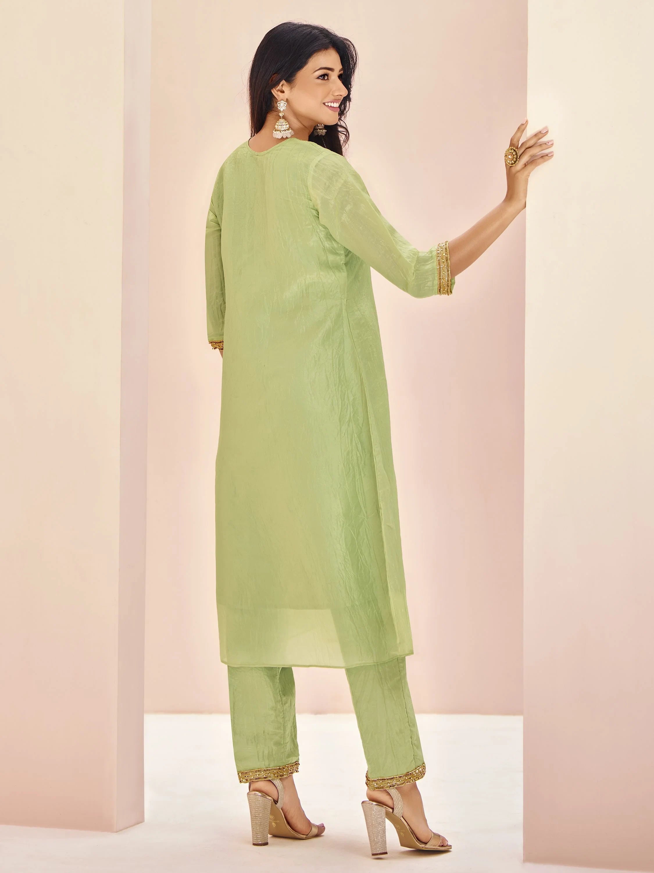 Pista Green Embroidered Organza Readymade Pant Suit