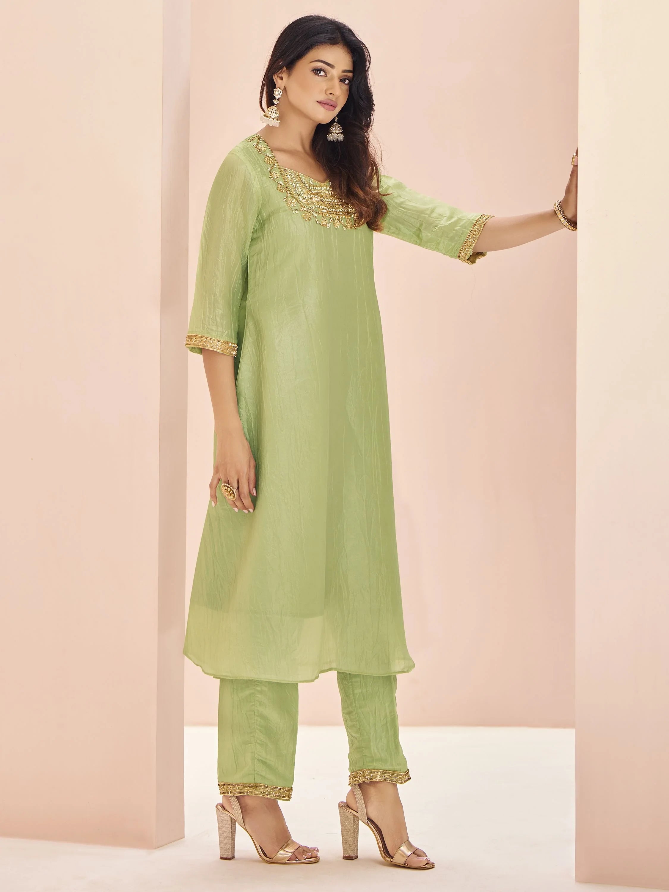 Pista Green Embroidered Organza Readymade Pant Suit