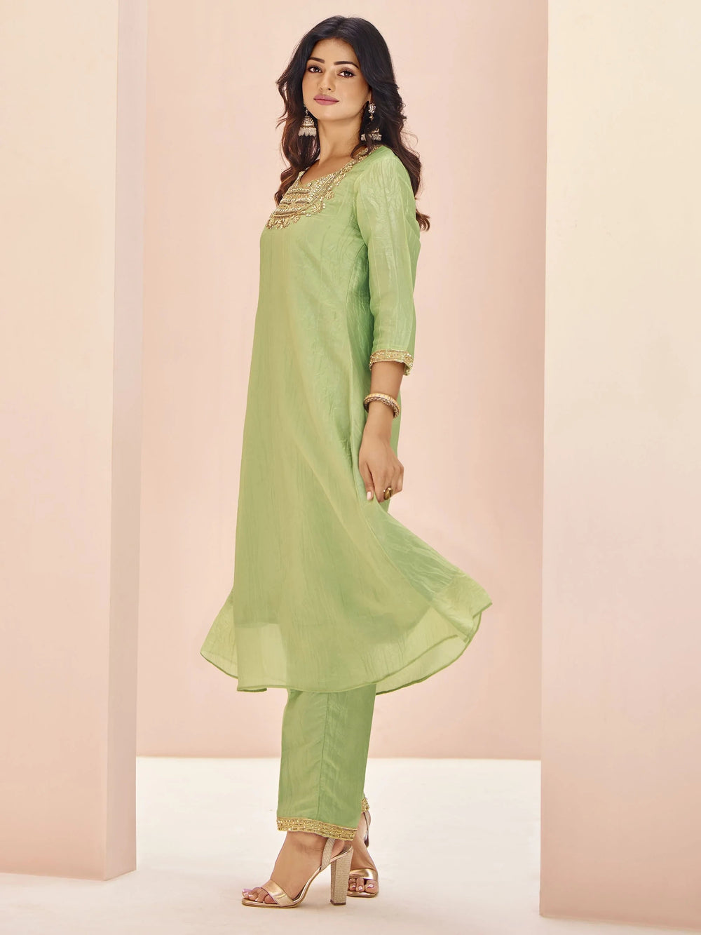 Pista Green Embroidered Organza Readymade Pant Suit