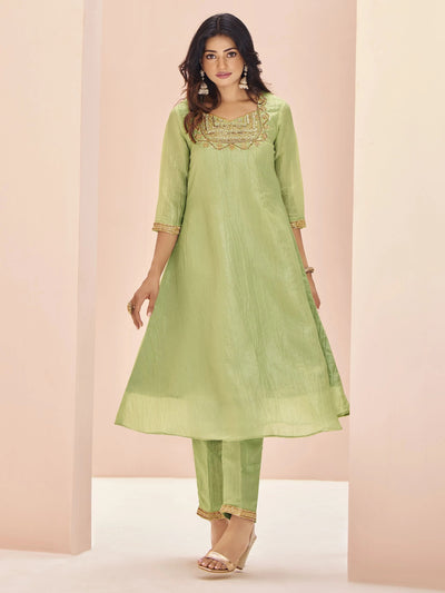 Pista Green Embroidered Organza Readymade Pant Suit