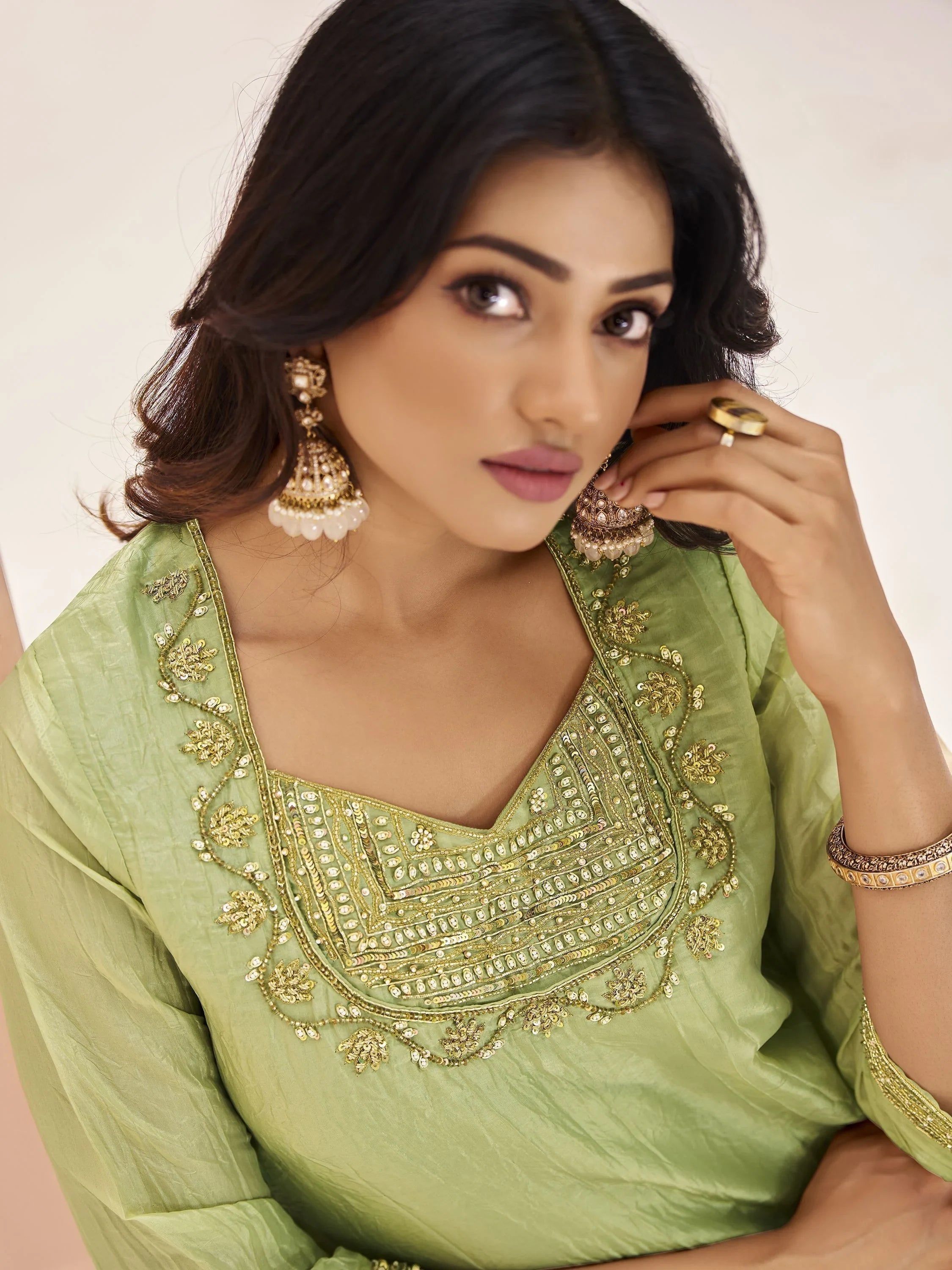 Pista Green Embroidered Organza Readymade Pant Suit